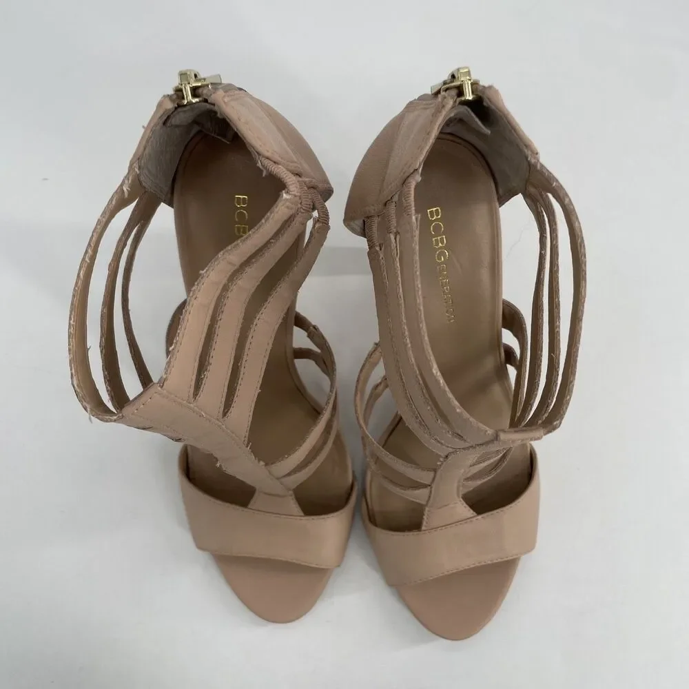 BCBGeneration Strappy Cage Shoes 7.5 B Stilletto Heels Nude Zip Back Open Toe - Picture 4 of 11